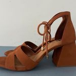 Gianni Bini GB  Late-Nite Camel Brown Suede Ankle Tie Block Heel Sandals Photo 4