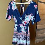 Three Pink Hearts  Navy Blue Floral Romper Short Sleeve Open Back Zip Size XS Photo 0