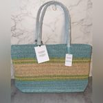 Coach NWT  Straw and smooth leather City Tote Bag CBG87 Turquoise Blue Photo 6