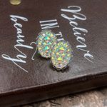 Vintage Iridescent Oval Statement Earrings Resin Crystal Studs White Photo 7