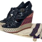 Tory Burch Women’s Raven Black Leather Multi Color Espadrille Wedge Photo 0