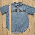 Vintage Denim Shirt Short Sleeve Women's L Embroidered Animal Scene Noah's Ark Blue Size L Photo 6