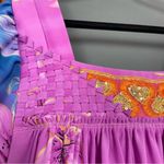 Handmade Muumuu Dress Vibrant Floral Puffed Sleeve Lily Midi Sequin Woven Detail Size M Photo 2