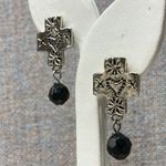 Silver Tone CrosDangle Earrings Black Faceted Bead Drop Religious Grunge Gothic Photo 2