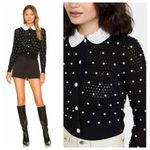 Alice + Olivia Collins Black Crochet Cardigan Sweater with Pearls Medium Photo 1