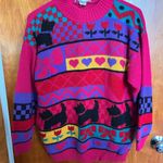 vintage acrylic lurex sweater scottie dog heart flower bows geometric 80s 1980s Pink Size M Photo 1
