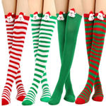 1 PAIR LEFT!! Women's Holiday Green & White Striped Santa Over The Knee Sock Photo 0