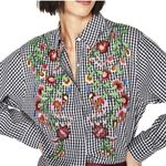 ZARA Gingham Plaid Embroidered Black/White Button-Down Top Photo 5