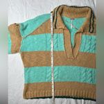 Free People Striped Oversized Knit Sweater Preppy Varsity Look in Teal and Tan Photo 1