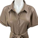 Heartloom  Tan Brown Vegan Faux Leather Short Sleeve Belted Button Shirt Dress M Photo 5