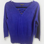 Cable & Gauge  V Neck Sweater Gold Lace Up Royal‎ Blue Baize Medium Photo 0