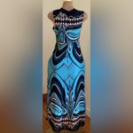 Lucy & Laurel  Blue Black Brown White Geometric Halter Top Dress Sz 8 Zip On Side Photo 1