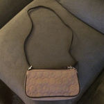 Liz Claiborne Small Clutch Purse in Tan Suede with Pink Circle Pattern Baguette Photo 1