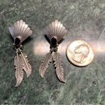 Native American Sterling Silver Onyx Double Feather Fan Dangle Earrings VTG Photo 1