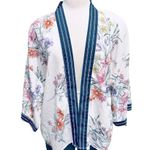 cupio Floral Kimono Cardigan Top Open Front Boho Striped Navy Trim Size L Photo 1