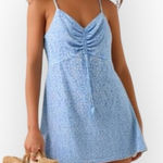 Altar'd State  Baby Blue Ruched A-Line Mini Dress with White Daisies  Size S Photo 0