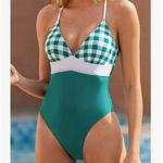 Cupshe  Gingham Lace Up One Piece Swimsuit Green White Print Medium NWT Photo 0