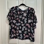 Libby Edelman  ruffle sleeve crew neck blouse black floral print size large Photo 0