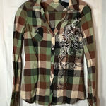 Daytrip  Patchwork Plaid Button Down‎ Top Womens Size Small Biker Grunge Studded Photo 0