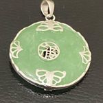 Sterling Silver Vintage 925 Natural Jade Jadeite Donut Circle Lucky Pendant 5.5g Photo 6