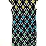 Madison Leigh  Black White Green Geometric Print Short Cap Sleeve Sheath Dress 12 Photo 6