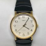 Vintage timex gold tone watch quartz analog 32mm black plastic band running Photo 0