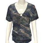 Adrienne Vittadini  Metallic Ring Detail Short Sleeve Top In Abstract Print XL Photo 1
