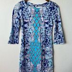 Lilly Pulitzer  Blue Floral Printed Mini Dress 3/4 Sleeves Boatneck Women’s XXS Photo 2