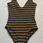 Topshop  Metallic Striped Ribbed Bodysuit Size 4 | Gold Pink Black V-Neck One Pie Photo 0