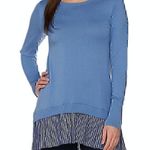 LOGO By Lori Goldstein LOGO LORI GOLDSTEIN Cotton Cashmere Sweater with Striped Trim Pink Purple XS Photo 2