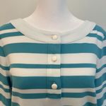 Talbots  Teal Blue White Striped Henley Button Shirt Top Tunic Large Pima‎ Cotton Photo 1