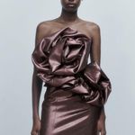 ZARA  VOLUMINOUS FLOWER MINI DRESS STRAPLESS SHIMMER SHINNY BROWN SIZE XS NEW Photo 8