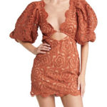 For Love & Lemons Letitia Brown Orange Lace Puff Sleeve Cutout Mini Dress Size M Photo 0