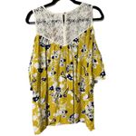 Kori  AMERICA size small mustard blue floral cold shoulder top lace detail button Photo 9