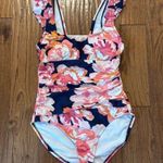 Kona Sol ruched tummy control ruffle sleeve floral one piece swimwear small 4/6 Photo 2