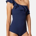 Shoshanna Swimsuit Size 4 One Piece Navy One Shoulder Ruffle Textured NWT Swim Photo 0
