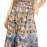 Karen Millen  Placed Border Print Tie Strap Metallic Smocked Midi Dress US 20 Photo 0