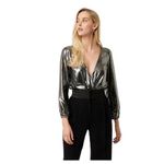 French Connection  Womens Silver Black Metallic Waterfall‎ V-Neck Bodysuit US 2 Photo 4