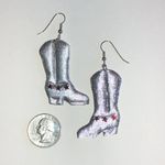 Silver Tone Fabric Cowboy Boot Earrings with Red Stars Photo 3