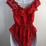 One Piece Vintage 70s 80s Teddy  Red Lace Satin Romper Lingerie High Cut Booty M Photo 5