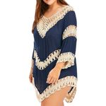 Unbranded Crochet Beach Cover Up Blue Cream Short Sleeve V Photo 5