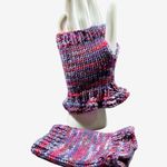 Handknit Blue & Pink Ruffle Cuff Wrist Warmers Handmade Knit Accessory Photo 0