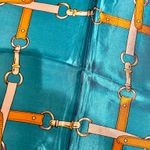 Vintage Equestrian horsebelt&chain print oversized TURQUOISE silky Scarf 35/35 Blue Photo 6