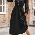 NEW Black Smocked Waist Button Front Long Puff Sleeve Midi Dress Size L Photo 2