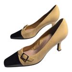 Vtg Y2K Impo Beige Leather Black Patent Cap Toe Square Toe Buckle Pumps Sz 8 Tan Photo 6