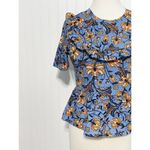 ZARA  Exaggerated Ruffle Floral Print Blouse Top Short Sleeve‎ Blue Orange Small Photo 4