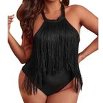NEW Fringe Trim Tassel Leotard Halter Cami Bodysuit 4X Black Photo 1
