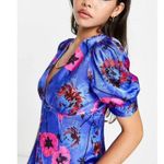 Topshop  Floral V-Neck A-Line Satin Mini Dress US 4 Blue Pink Short Sleeve Button Photo 4