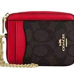 Coach NWT Zip Card Case In Signature Canvas Walnut/Bold Red Photo 0