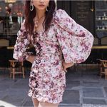 For Love & Lemons Houston Mini Dress Floral Puff Sleeve Ruched Ruffle Romantic M Pink Size M Photo 0
